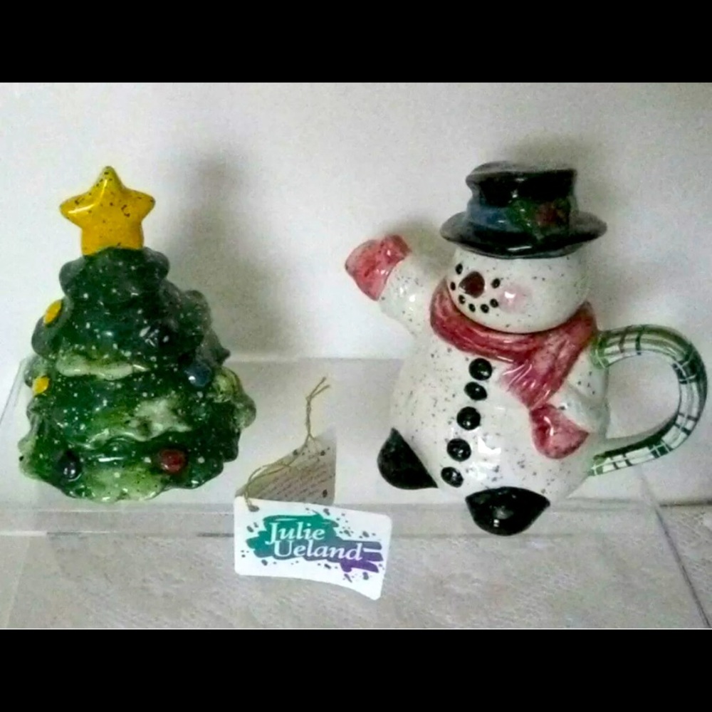 EUC Vintage Enesco Snowman creamer & Christmas Tree Sugar by Julie Ueland 1998